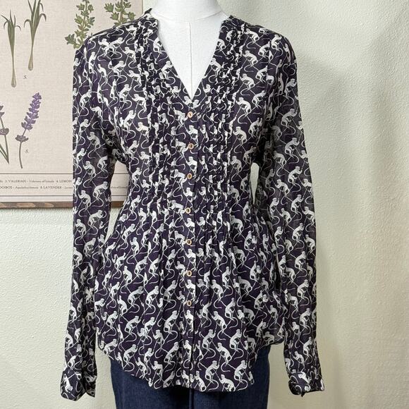 Maeve Anthropologie Monkey Print Pleated Blouse Top Mod Whimsy Twee Retro 8 - Picture 2 of 7